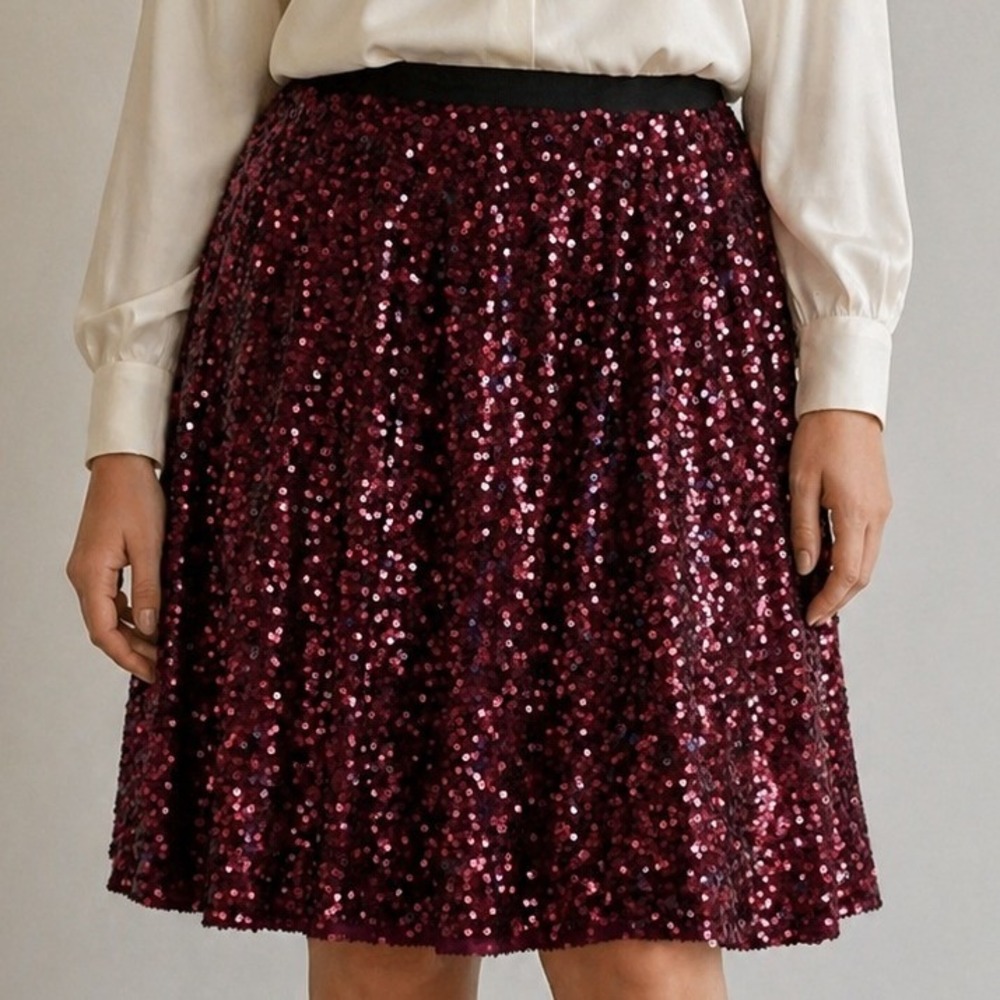 NEW Anthropologie Maeve Sequin A-Line Skirt Wine Burgundy Midi Glam Large NWT